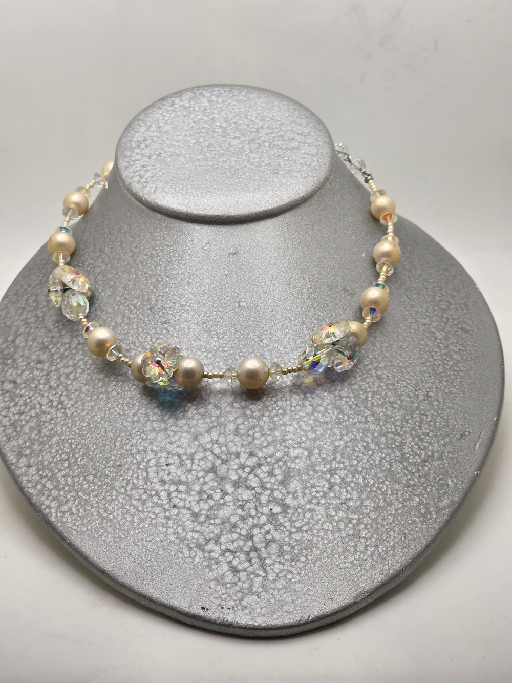 Champagne Costume Pearl and Iridescent Crystal Bead Necklace